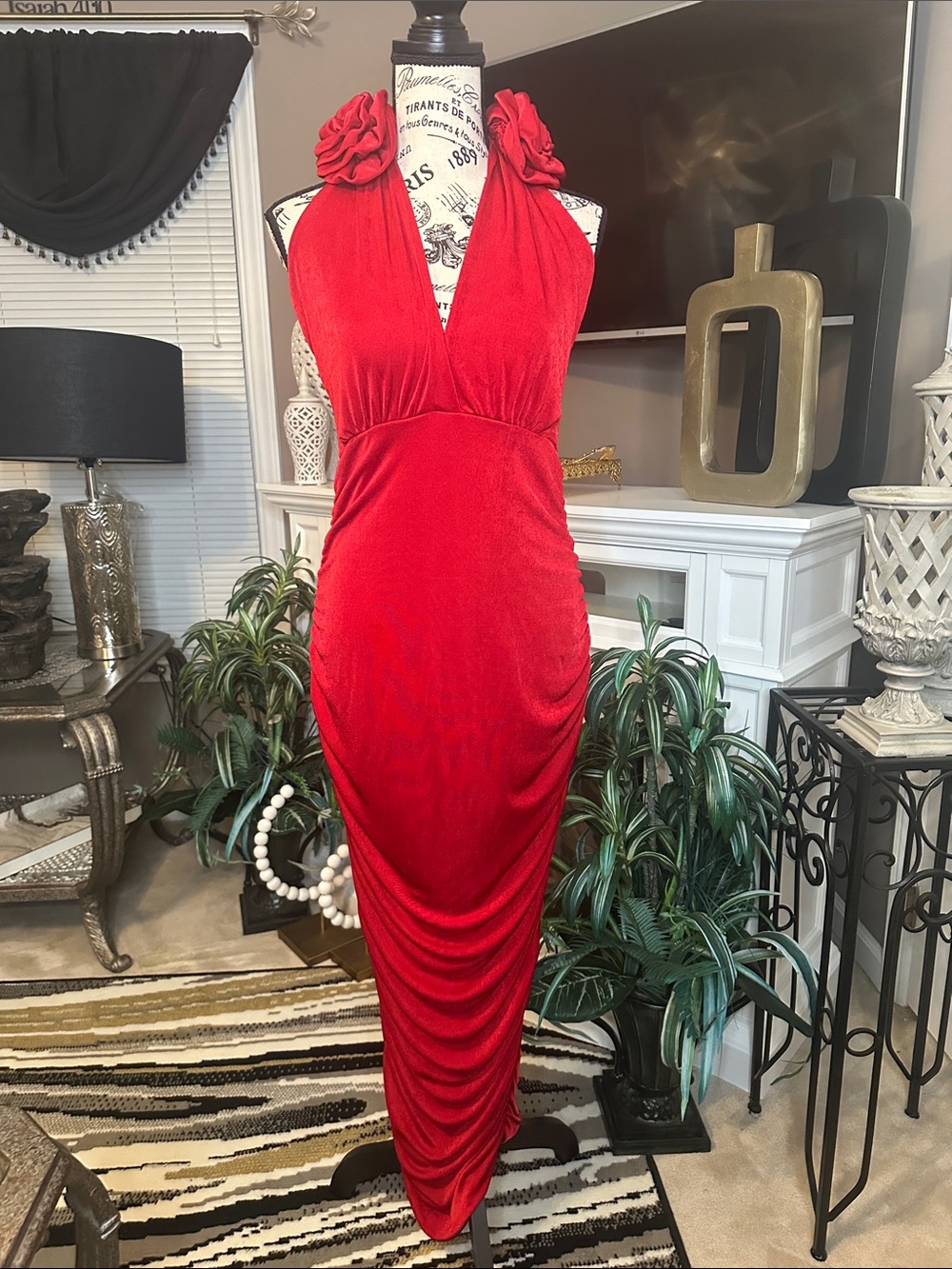 Fashion Nova Red Halter Maxi Dress with Rosette Shoulders